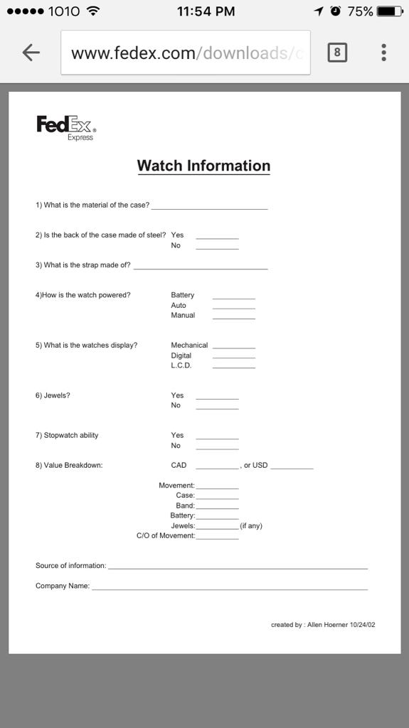 Fedex Watch Worksheet.pdf Need help on filling out watch form for US customs | WatchUSeek Watch ...