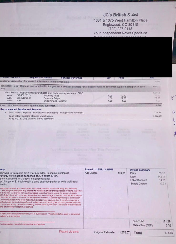 Range Rover Recipt Three Week Update, Service Records Inside :/ | Range Rovers Forum