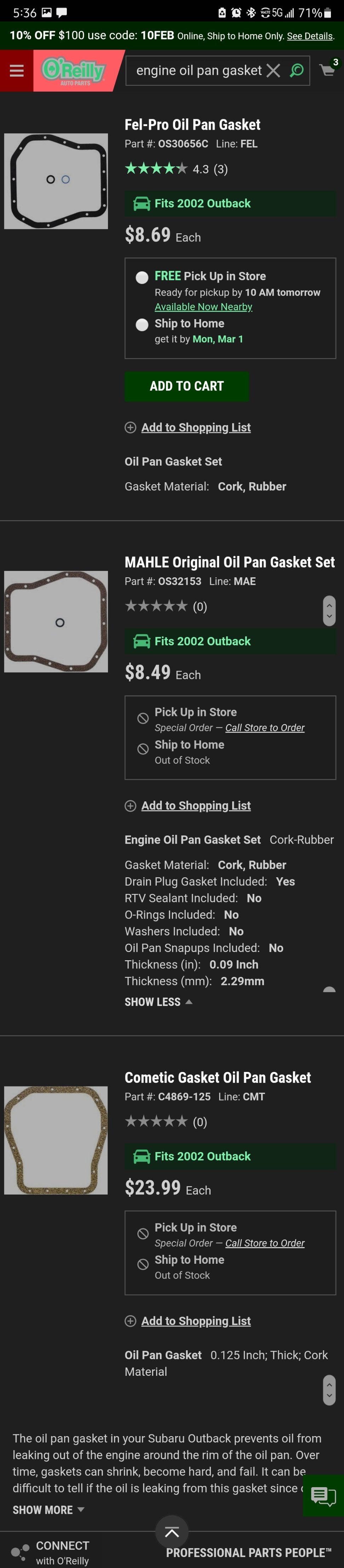 Need for a good quality oil pan gasket. Subaru