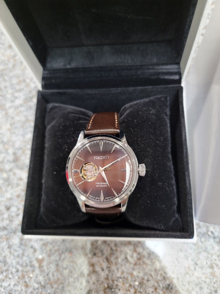 seiko presage open heart brown